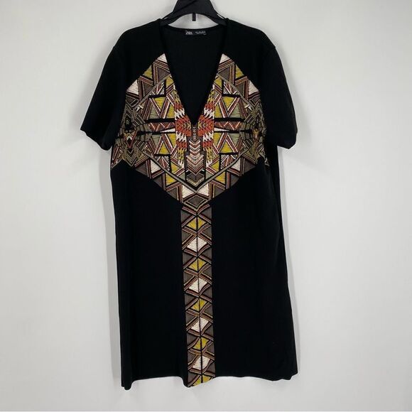 Zara Women’s V Neck Short Sleeve Aztec Print Mini Slip Dress Size L - Picture 1 of 3